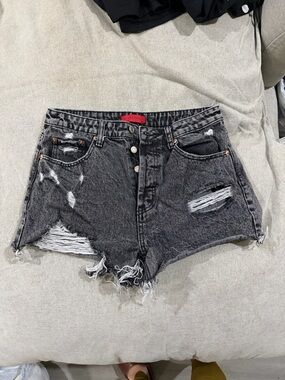 Signature8 Distressed Black-Grey High-Rise Denim Shorts